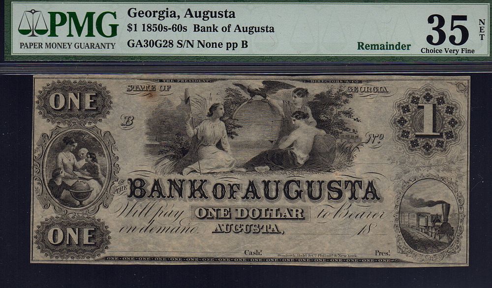 Augusta GA, 1850s-60s $1 Remainder, PMG35n